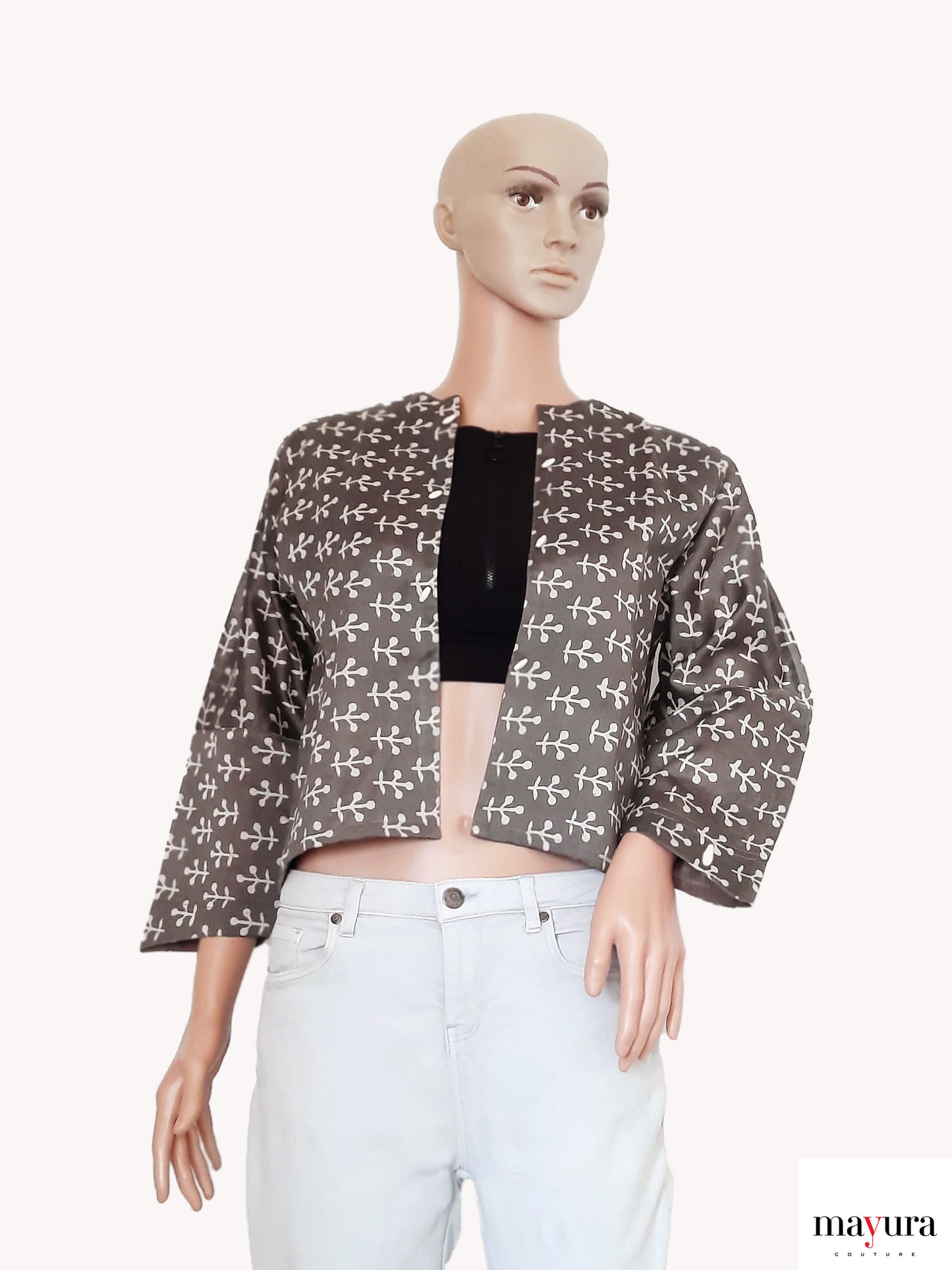 Artisanal Grey Printed Open Coat