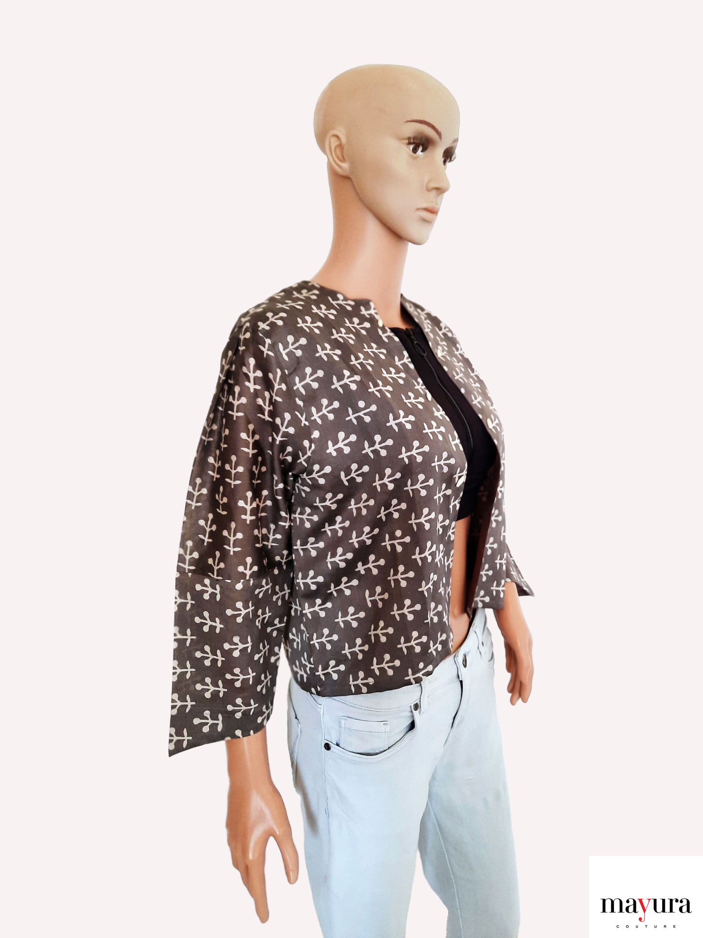 Artisanal Grey Printed Open Coat