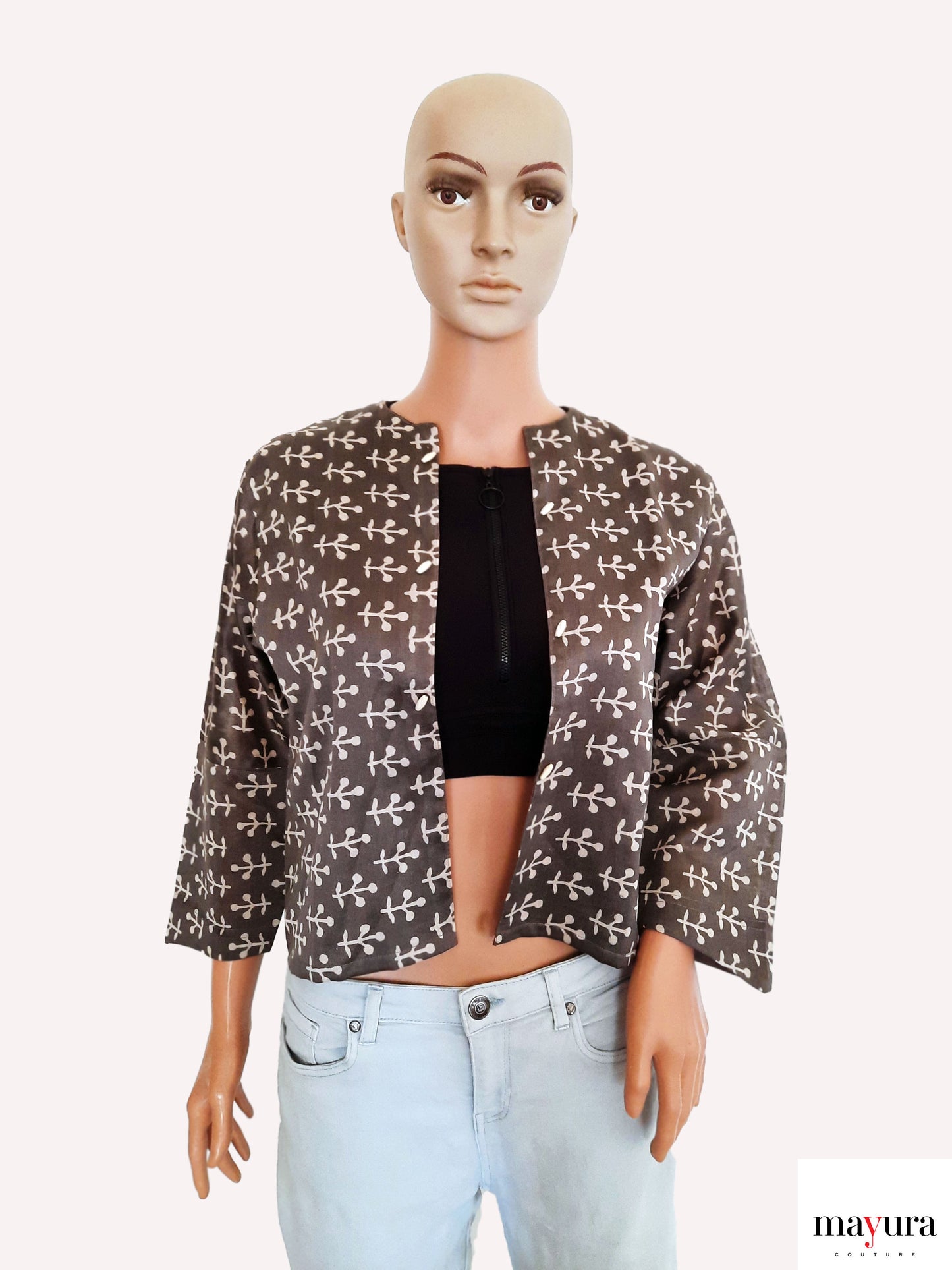 Artisanal Grey Printed Open Coat