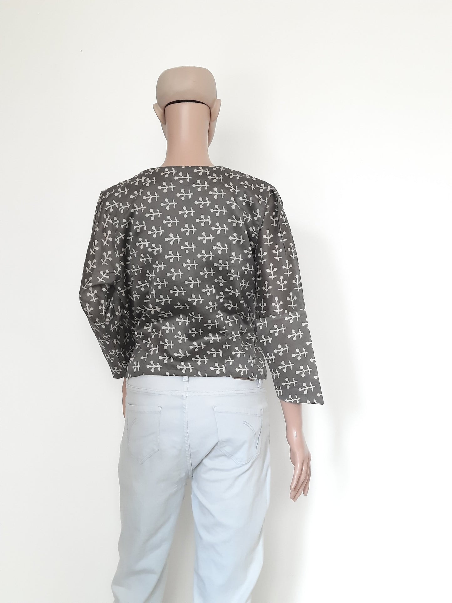 Artisanal Grey Printed Open Coat