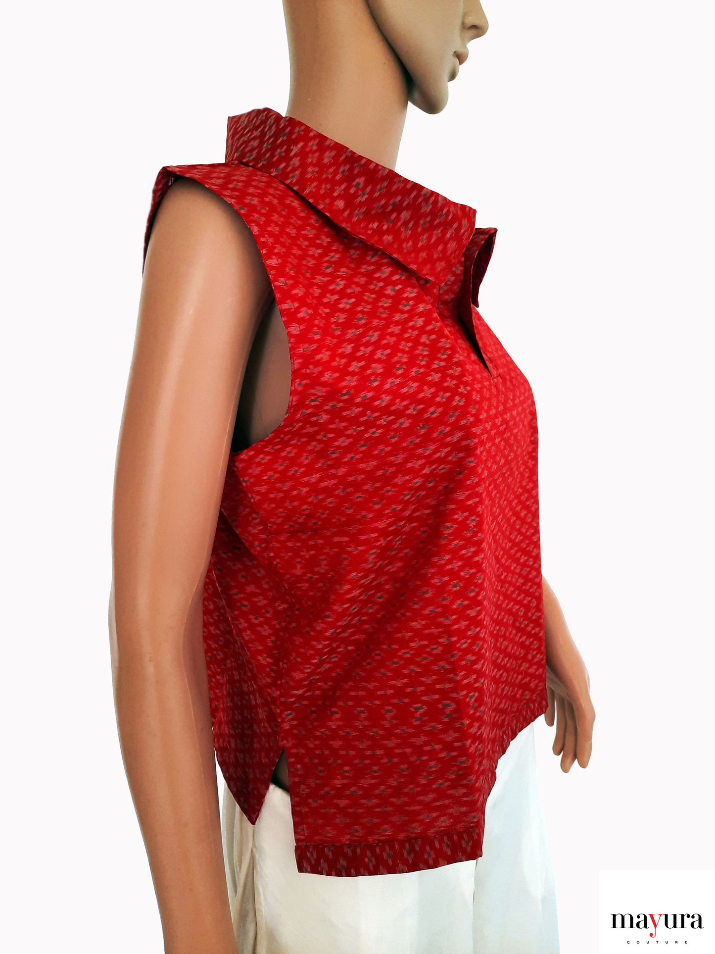 Luxe Red Ikat Silk Top with Statement Collar